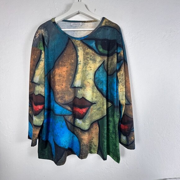 Misslook Womens Abstract Face Art Print Long Sleeve Top XL Cotton Multicolor - Picture 1 of 8